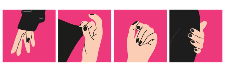 Woman's hand with well-groomed black manicure, modern design, poster set. Spa, nail treatment, beauty concept. Hand drawn modern vector illustration.