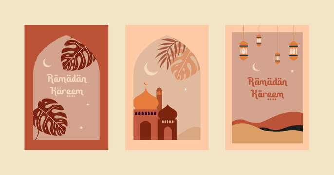 Collection of modern style Ramadan Kareem greeting cards with retro boho design, moon, mosque dome and lanterns