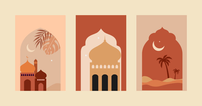 Collection of modern style Ramadan Kareem greeting cards with retro boho design, moon, mosque dome and lanterns