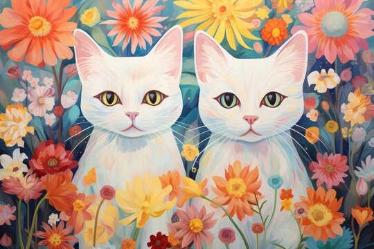 a painting of two cats with flowers