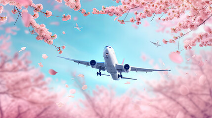 A passenger plane flies in the sky over a blooming garden - obrazy, fototapety, plakaty