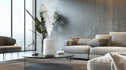 Beautiful bright room with an air humidifier on the table