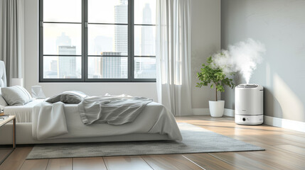Bedroom with humidifier to purify the air