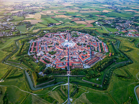 Aerial drone view of the Fortress of Palmanova in Italy. Unesco World Heritage. Venetian Works of Defence.