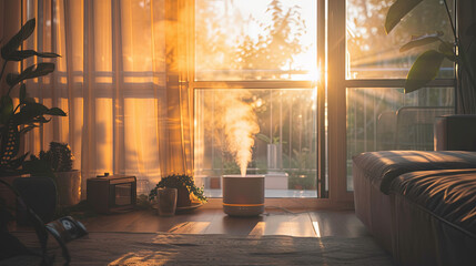 Beautiful bright room with humidifier and sun rays