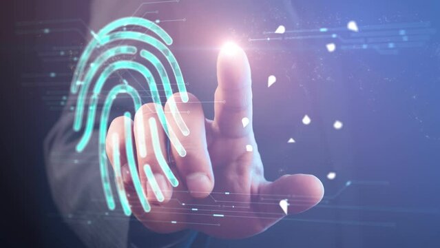Cg footage about global digitalization and biometric data collection. The silhouette of a businessman, a world map moves and an imitation of a fingerprint appears. Information security concept.
