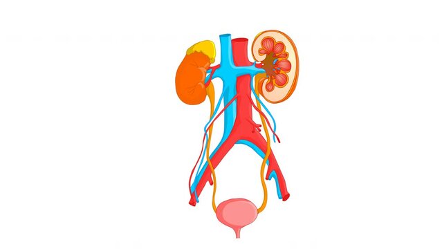 Urinary system animation. Detailed human kidney anatomy. Annotated urine excretory system. Biology educational viscerap drawing.  Video illustration, with explanations.