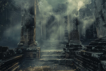 A smoky ambiance engulfing an ancient ruin creating an atmosphere of intrigue and mystery - obrazy, fototapety, plakaty
