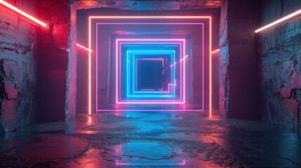 Obraz premium A captivating 3D render of an abstract square portal, featuring a tunnel illuminated by glowing neon lines