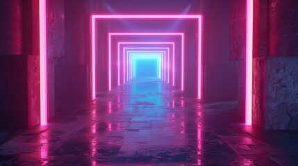 A captivating 3D render of an abstract square portal, featuring a tunnel illuminated by glowing neon lines - obrazy, fototapety, plakaty