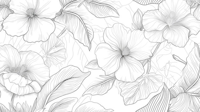 Wallpaper design with floral paint brush line art. Leaves and flowers nature design