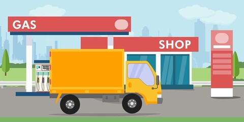 distributore di benzina, supermercato , shop e auto rifornimento - illustrazioni