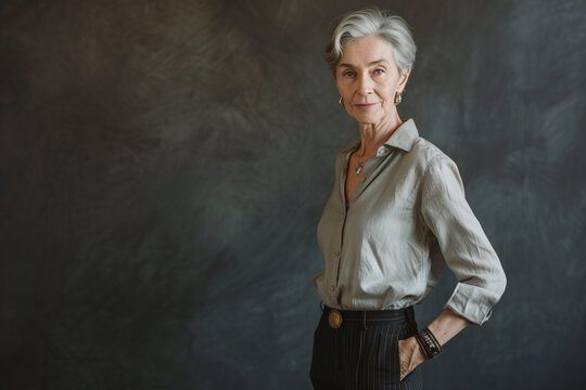 photograph of an older businesswoman, still with bright gray admiring eyes and a beautiful face, casually styled gray short-cropped hair, wearing a linen shirt, heels and dark pinstriped trousers
