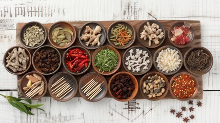 A harmonious arrangement of acupuncture needles and a selection of Chinese herbal plants - obrazy, fototapety, plakaty