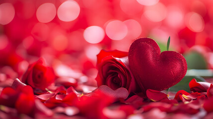 Love Concept Red Roses and Heart Shaped Decoration with Bokeh Lights for Valentine's Day