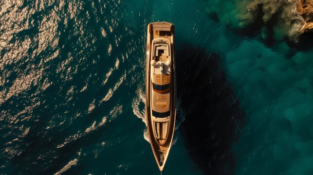 A breathtaking aerial view capturing a luxurious yacht gracefully gliding through the azure waters