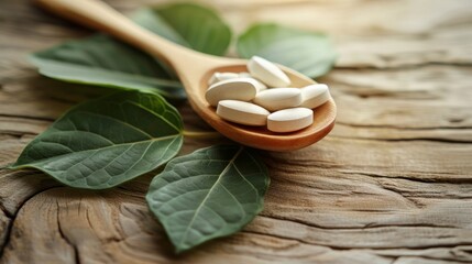 Natural alternative medicine tablets resting on a wooden spoon, accompanied by a fresh green leaf
