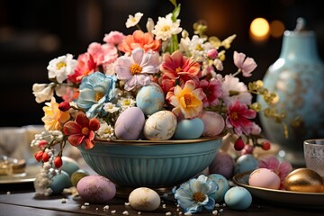 Obraz na płótnie Canvas A beautifully crafted Easter themed centerpiece with fresh flowers.