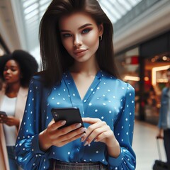  young brunette advertiser woman dressed in blue blouse with polka dots pattern uses smartphone - obrazy, fototapety, plakaty