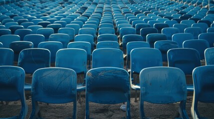 Obraz premium A rear view of blue stadium seats, neatly arranged and waiting to welcome a crowd of enthusiastic fans