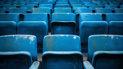 A rear view of blue stadium seats, neatly arranged and waiting to welcome a crowd of enthusiastic fans
