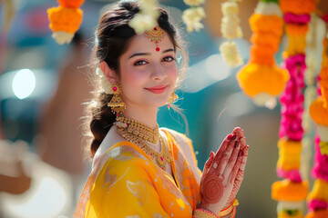 Indian woman in traditional sari indian costume on festival background. Ugadi or Gudi Padwa celebration. Hindu New Year. Religion and ethnic concept. For banner, greeting card, poster