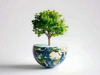 Árvore florescendo em metade de globo terrestre, vida sustentável - obrazy, fototapety, plakaty