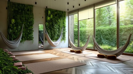 A serene and spacious yoga studio interior, thoughtfully designed with mats and hammocks for a peaceful practice
