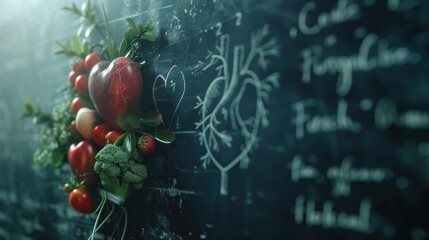A symbolic representation of heart health featuring healthy foods arranged in a heart shape with a cardiograph illustration on a blackboard - obrazy, fototapety, plakaty