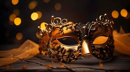 Carnival mask on a wooden table with bokeh background.