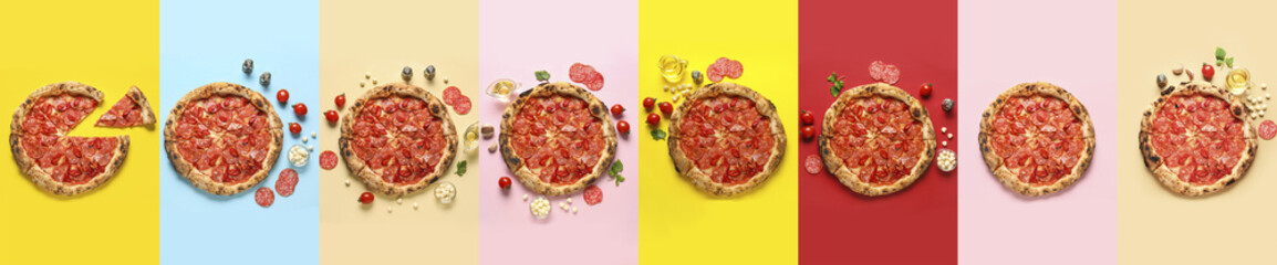 Collage with tasty pepperoni pizzas on color background, top view