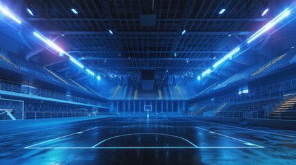 A sleek and spacious view of a modern sports arena's interior, featuring high-tech facilities and vibrant lighting
