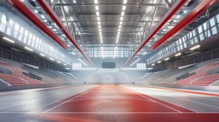 A sleek and spacious view of a modern sports arena's interior, featuring high-tech facilities and vibrant lighting