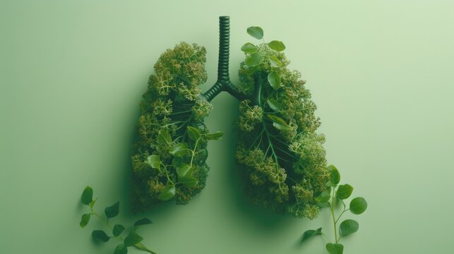 A visually striking image of lungs enveloped in lush green plants, set against a harmonious green background