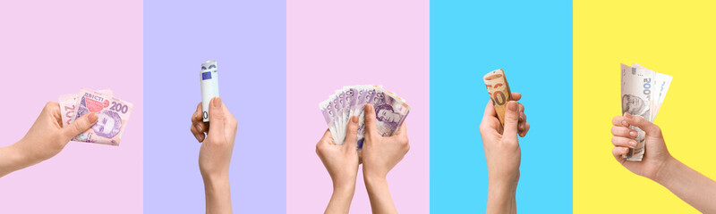Many hands with money on color background