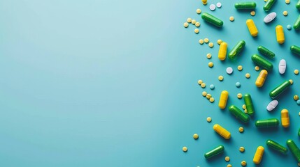 An image featuring green and yellow medicine pills or capsules neatly arranged on a blue background - obrazy, fototapety, plakaty