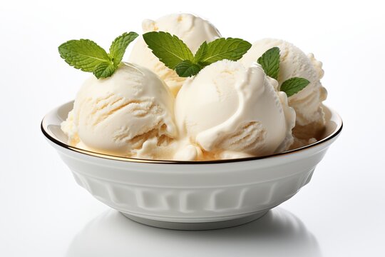 Vanilla white ice cream in bowl isolated on white background.