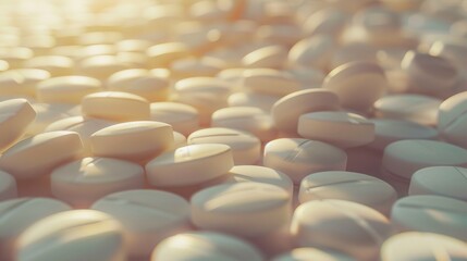 A thematic composition centered around pharmacy, featuring a heap of white round antibiotic medicine tablets, symbolizing both healthcare and medical treatment - obrazy, fototapety, plakaty