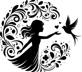 girl playing in a swing, silhouette flowers ornament decoration, floral vector design.