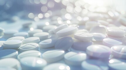 A thematic composition centered around pharmacy, featuring a heap of white round antibiotic medicine tablets, symbolizing both healthcare and medical treatment - obrazy, fototapety, plakaty