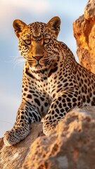 a leopard in high resolution, presenting a wallpaper-worthy photo with extreme clarity and detail, showcasing the intricate patterns of its coat and the intensity of its gaze.