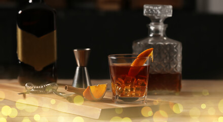 Glass of cold Old Fashioned Cocktail on wooden table in bar