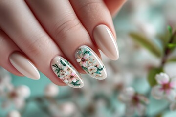 Female hands with beautiful spring blooming flowers nail design on long nude color nails. Woman hands with trendy polish manicure on background with spring flowers