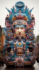 A vibrant float featuring intricate decorations stands prominently in the middle of a bustling street during a festive parade.