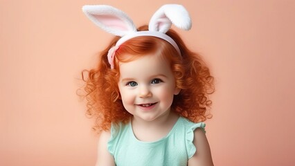 Obraz na płótnie Canvas little happy girl with red hair in a bunny costume on a background of peach fuzz, portrait of a child wearing bunny ears for Easter, Happy Easter concept