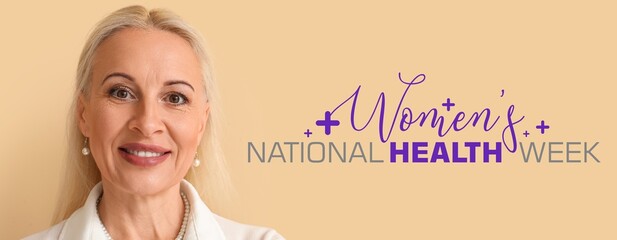 Mature blonde woman on beige background. Banner for National Women's Health Week