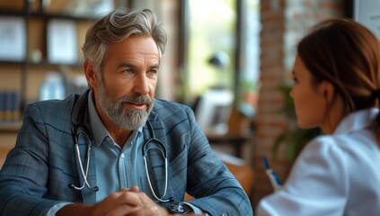A whitecollar worker with a beard is sharing a fun conversation with a doctor, sitting at a table. They exchange smiles and gestures during the event - obrazy, fototapety, plakaty