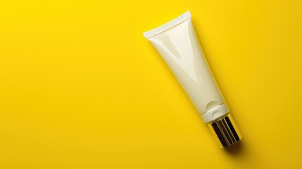 A sleek metal tube stylishly positioned on a bright yellow background, hinting at the luxurious cream contained within