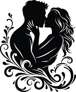 kissing couple silhouette with floral design clip art preview