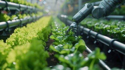 Robot arm machine harvesting hydroponic lettuce - obrazy, fototapety, plakaty